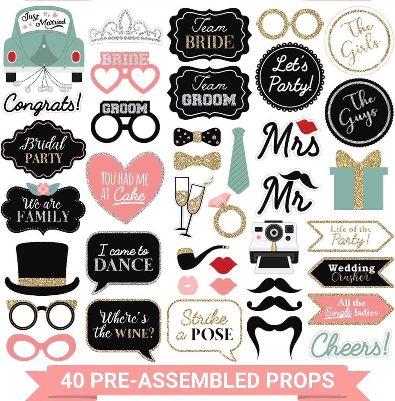 Fully Assembled Wedding Photo Booth Props - Set of 40 - Gold, Pink, Teal, & Silver Selfie Signs - Wedding Party Supplies & Decorations - Cute Designs with Real Glitter - Did We Mention No DIY